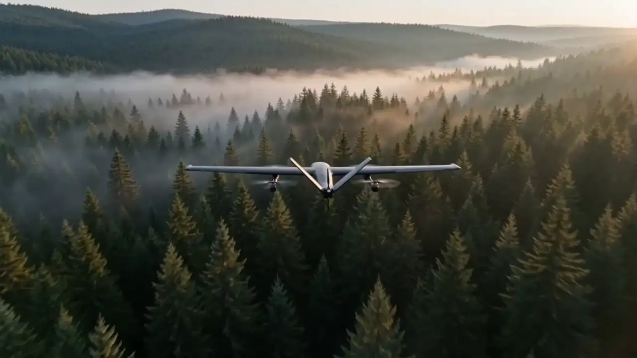 Le SENTINEL en vol au-dessus d'une forêt